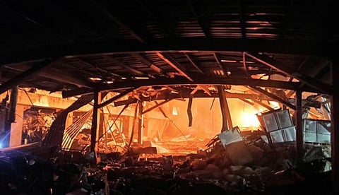 The fire began on Friday night at the factory in Pingtung County and raged overnight. (Photo | Pingtung County fire department)