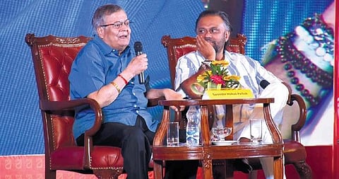 Surendra Mohan Pathak and Consulting Editor of Sunday Standard Ravi Shankar speak at a session on crime fiction  | Express