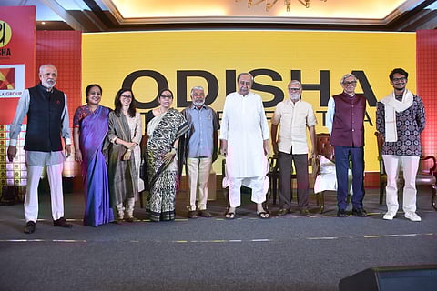 Winners Perumal Murugan, Anirudh Kanisetti, and Devika Rege after receiving the first edition of the Ramnath Goenka Sahithya Samman. (Photo | EPS)