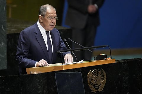 Russian Foreign Minister Sergey Lavrov addresses the 78th session of the United Nations General Assembly, Saturday, Sept. 23, 2023 at United Nations headquarters. (AP)