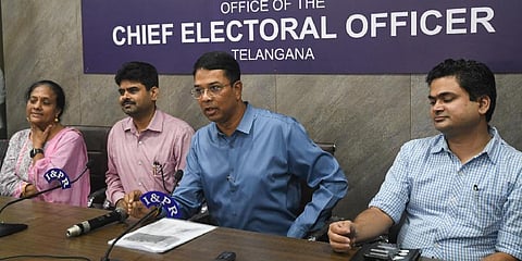 Chief Electroal officer Telangana Vikhash Raj addressing media during the inauguration of Media center at BRKR Bhavan in Hyderabad on Saturday | Vinay Madapu