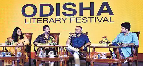 Speakers Anuja Chandramouli, Satyarth Nayak and Gourav Mohanty with Consulting Editor of Sunday Standard Ravi Shankar at OLF