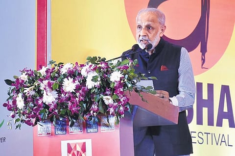 Chairman and Managing Director of The New Indian Express Group Manoj Kumar Sonthalia speaking at the Odisha Literary Festival in Bhubaneswar on Sunday | DEBADATTA MALLICK