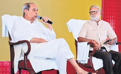Chief Minister Naveen Patnaik speaks to Editorial Director, TNIE, Prabhu Chawla at OLF in Bhubaneswar on Sunday| Shamim Qureshy