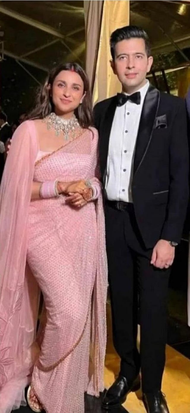 For the post-wedding function, the bride chose a champagne pink sequin saree with cape, teamed it with elegant precious stone jewellery and pink choodha (bangles). The pre-wedding functions, including sangeet, took place on Saturday and the main ceremony was held on Sunday. The couple got engaged in May in Delhi in a private ceremony.  (Parineeti Chopra Instagram)