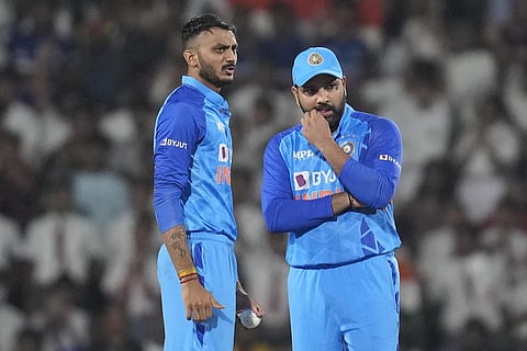Axar Patel with skipper Rohit Sharma (File photo | AP)