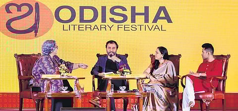 Speakers Manish Gaekwad, Vidya Shah and Madhur Gupta with senior journalist Kaveree Bamzai at OLF-2023 in Bhubaneswar on Sunday
