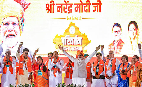 Prime Minister Narendra Modi during the 'Parivartan Sankalp Mahasabha ' at Dadiya village in Jaipur (Photo | PTI)