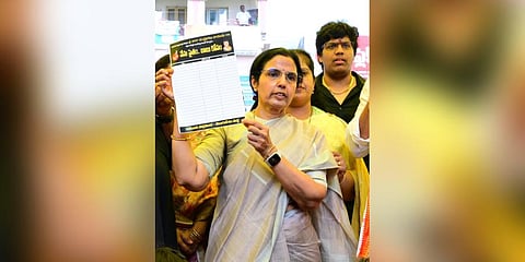 TDP supremo N Chandrababu Naidu's spouse Nara Bhubaneswari during protest at Jaggampeta in Combined Godavari districts. Express