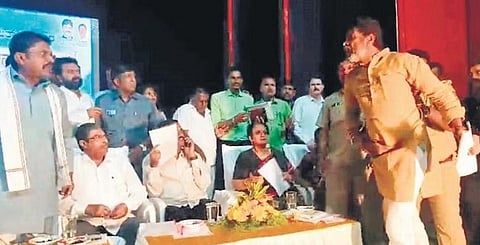 Kolar BJP MP S Muniswamy and Bangarpet Congress MLA SN Narayanaswamy in a heated argument during the Janata Darshan, in Kolar on Monday | Express