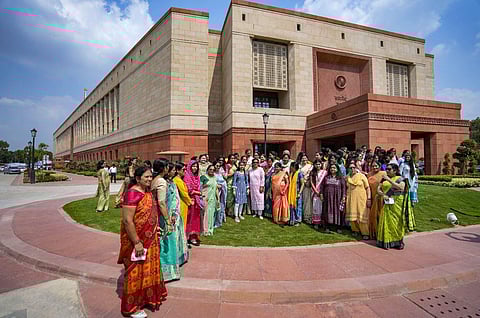 Visitors at the Parliament House complex during the special session, which will discuss the Women Reservation Bill, in New Delhi, Wednesday, Sept. 20,  2023. (Photo | PTI)