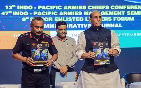 Chief of Army Staff General Manoj Pande and Union Defence Minister Rajnath Singh releasing a publication during the 13th Indo-Pacific Armies Chiefs' Conference in New Delhi (Photo | PTI)