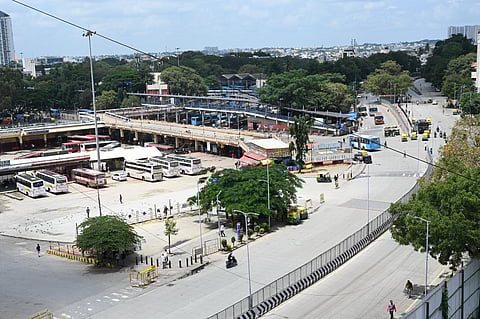 Kempegowda Bus Stand that is usually brimming with people from the city and state wore a deserted look due to Bengaluru bandh on Tuesday. (Photo | Nagaraja Gadekal, EPS)
