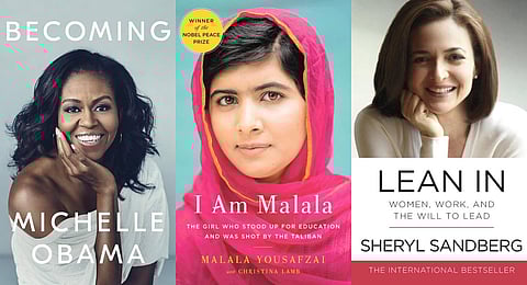 Michelle Obama’s ‘Becoming’, Malala Yousafzai’s ‘I Am Malala’ by Christiana Lamb and Sheryl Sandberg’s ‘Lean In’ by Nell Scovell. (Photo | Express)
