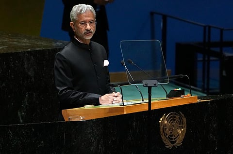 India's Foreign Minister Subrahmanyam Jaishankar addresses the 78th session of the United Nations General Assembly on Tuesday. (Photo | AP)
