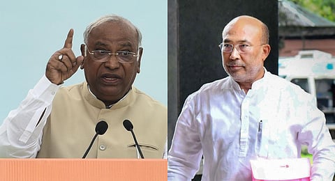 FILE - A collage of Congress President Mallikarjun Kharge (L) and Manipur CM N Biren Singh, used for representational purposes only. (Photo | PTI)