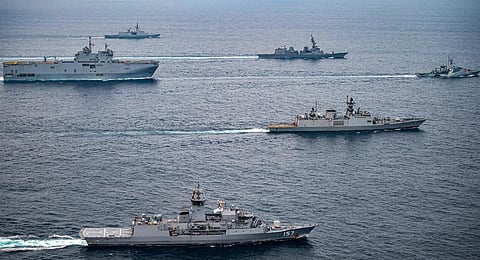 FILE - An image of Indian Navy's indigenously built guided missile frigate INS Sahyadri and fleet tanker, used for representational purposes only. (Photo | PTI)