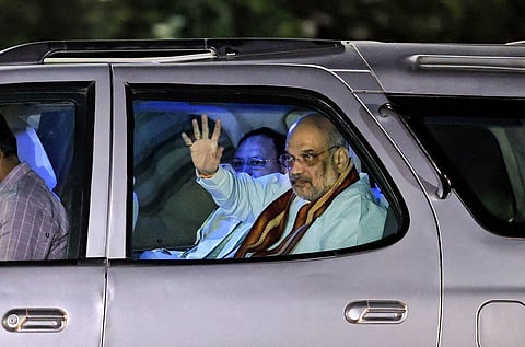 Union Home Minister Amit Shah with BJP National President JP Nadda arrive to attend a party meeting in Jaipur, Wednesday, Sept. 27, 2023. (Photo | PTI) 