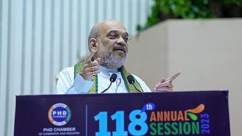 Union Home Minister Amit Shah addresses the 118th annual session of the PHD Chamber of Commerce and Industry, in New Delhi, Friday, Sept. 29, 2023. (Photo | PTI)
