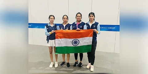Indian women's squash team signed off with a bronze medal after going down fighting to Hong Kong in the semifinals of the continental showpiece. (Photo | Twitter)