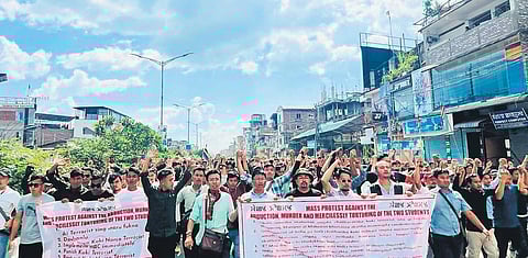 Agitators rally to protest against the killing of two students on Thursday |express