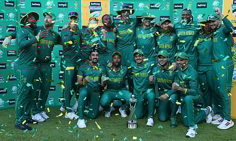 South Africa cricket team celebrates their 3-2 series wine against Australia at the Wanderers Stadium in Johannesburg, South Africa on September 17, 2023.  (Photo | AP)