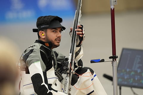 Indian shooter Aishwary Pratap Singh Tomar competes in the finals of men's 50m rifle 3 positions event at the 19th Asian Games, in Hangzhou, China on Friday, September 29, 2023. (Photo | PTI)