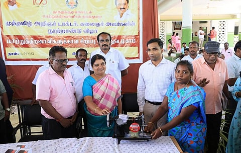 Minister Geetha Jeevan inaugurated a special camp for people with disabilities and distributed Rs 4.5 lakh worth aids to 29 people. (Photo | Twitter @ P. Geetha Jeevan)