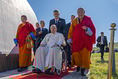 Pope Francis arrives at a meeting with religious leaders at the Hun Theatre in the Sky Resort compound some 15 kilometres south of the Mongolian capital Ulaanbaatar. (Photo | AP)