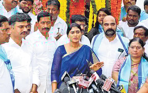 YSRTP chief YS Sharmila speaking to reporters in Hyderabad on Saturday. (Photo | Express)