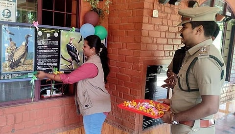 Divya, deputy director of MTR, inaugurated the audio system ‘Vulture Talk’ in Mudumalai Tiger Reserve on Saturday. (Photo | EPS)