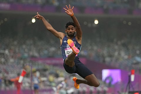 India's Jeswin Aldrin Johnson competes during the men's long jump qualification at the 19th Asian Games in Hangzhou, China on Saturday, September 30, 2023. (Photo | PTI)