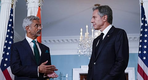 Secretary of State Antony Blinken speaks with Indian External Affairs Minister Subrahmanyam Jaishankar. (Photo | PTI)