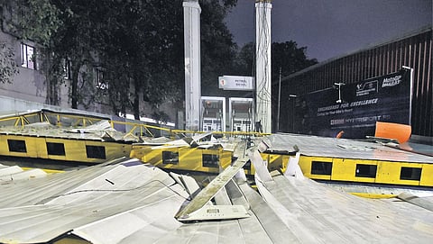 The roof of the petrol bunk on East Jones Street in Saidapet collapsed following rain on Friday. (Photo | Martin Louis)