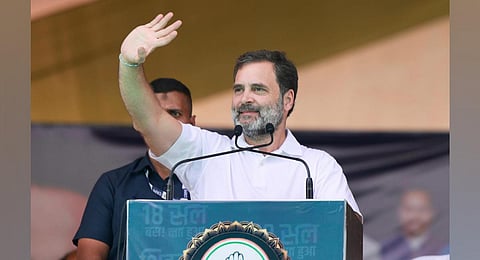 Congress leader Rahul Gandhi addresses during a public meeting, in Shajapur district, Madhya Pradesh. (Photo | PTI)
