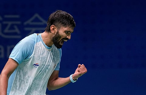 India's Srikanth Kidambi celebrates a point against South Korea's Cho Geonyeop during the semi-final of the men's team badminton event at the  Asian Games (Photo | PTI)