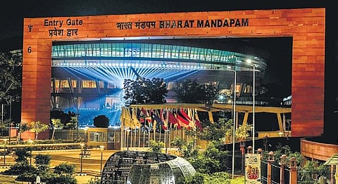Preparation works underway at Bharat Mandapam in New Delhi ahead of the G20 summit on Sunday | PTI