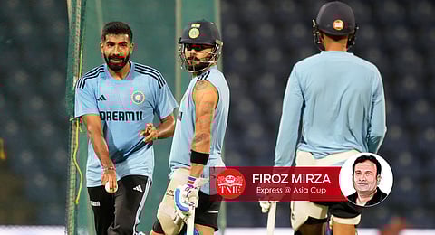 Jasprit Bumrah , left, Virat Kohli, second left, and Shubman Gill attend a practice session ahead of one day international cricket match of Asia Cup. (Photo | AP)