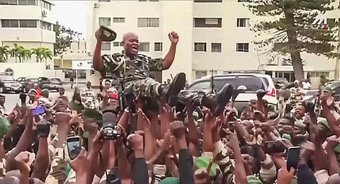 This video grab shows soldiers holding General Brice Clothaire Oligui Nguema aloft in Libreville, Gabon, Wednesday Aug. 30, 2023.(Photo | AP)