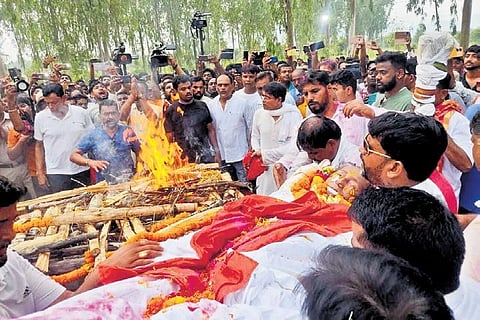 Patro’s funeral rituals being performed at Digapahandi on Sunday. (Photo | Express)