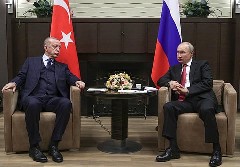 Russian President Vladimir Putin, right, and Turkish President Recep Tayyip Erdogan. (File Photo | AP)