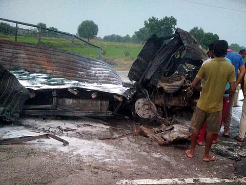 A 43 year old lorry cleaner Vasam Adinarayana burnt alive after lorry with chemical load was catching up fire at Guruvaigudem village in Kusumanchi mandal. (Photo | Express)