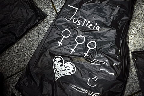 Representational Image: A plastic black bag painted with the word, ''Justice'' during a protest against sexual abuse in Pamplona, northern Spain, Saturday, April 28, 2018. (Photo | AP)