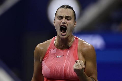 Aryna Sabalenka, of Belarus, shouts during her match against Daria Kasatkina, of Russia, in the fourth round of the US Open tennis championships, Sept 4, 2023. (Photo | AP)
