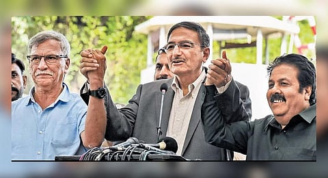 BCCI president Roger Binny and vice president Rajeev Shukla with Pakistan Cricket Board chairperson Md Zaka Ashraf (centre) in Lahore on Monday | PTI
