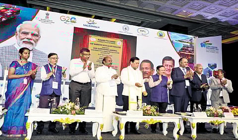 Union Shipping Minister Sarbananda Sonowal and Highways Minister EV Velu at Global Maritime India Summit 2023 roadshow held in Chennai | EXPRESS
