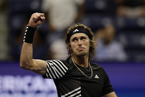Alexander Zverev, of Germany, reacts after a point against Jannik Sinner, of Italy, during the fourth round of the US Open tennis championships, Sept 4, 2023. (Photo | AP)