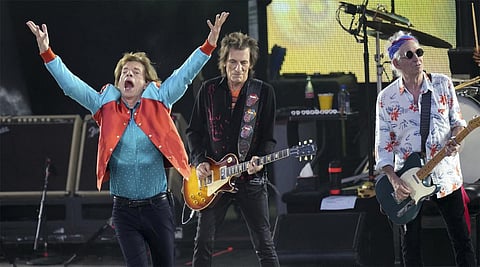 Mick Jagger, left, Ronnie Wood, centre, and Keith Richards, right, of the band 'The Rolling Stones,' perform onstage during a concert on their 'Sixty' European tour in Berlin in 2022 (File photo | AP)