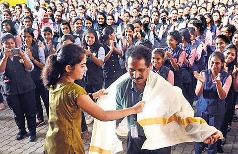 Students honour principal K Lailas at the Government Pattom Model Girls Higher Secondary School on Tuesday | Vincent Pulickal