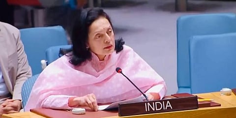 FILE - A Screengrab of India's permanent representative to the UN Ruchira Kamboj speaking at a UNSC meeting at the UN headquarters in New York. (Photo | Twitter @IndiaUNNewYork)